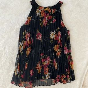 Catherine Malandrino Black floral pleated sleeveless blouse